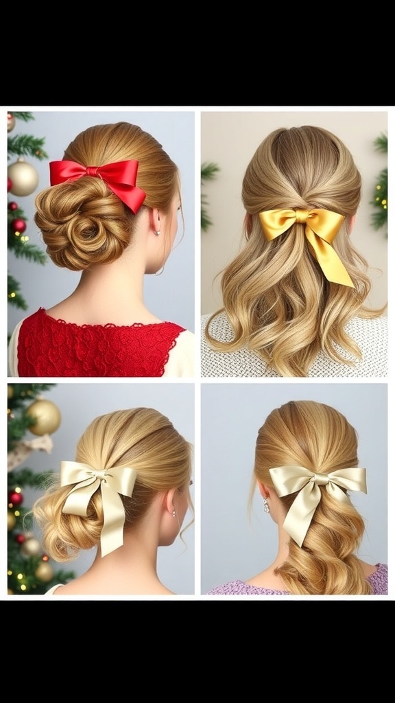 Various Christmas hairstyles with ribbons, including an updo, loose waves, and a ponytail, set against a festive holiday backdrop.